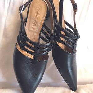 Pomme d'Or Black Leather Kitten Heel Slingback